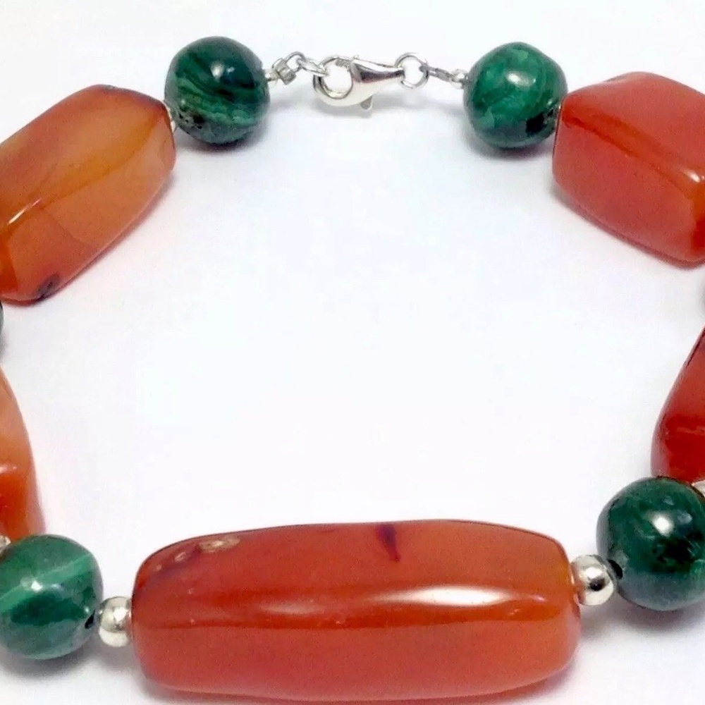 SS Carnelian Agate & Malachite Beaded Bracelet